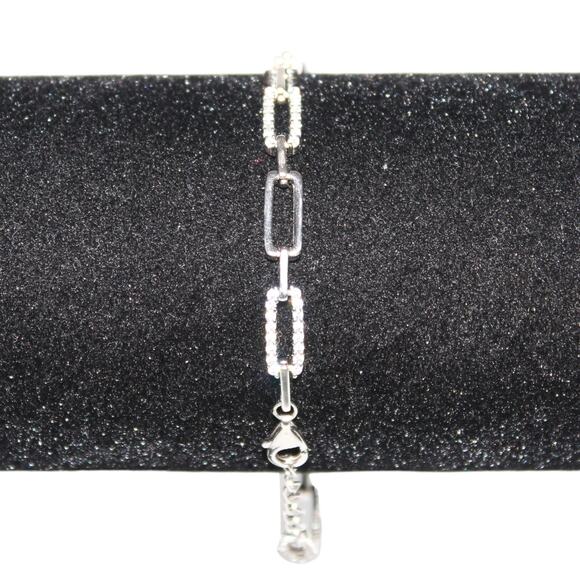 925 Sterling Silver Bracelet Rectangle Link w/ Rhinestones - Picture 3 of 6